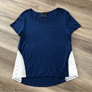 HARLOWE & GRAHAM Navy Blue Scoop Neck White Mesh Sides Blouse Women Medium